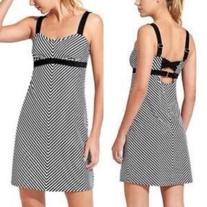Athleta Black & White Striped Swimdress with Adjustable Back